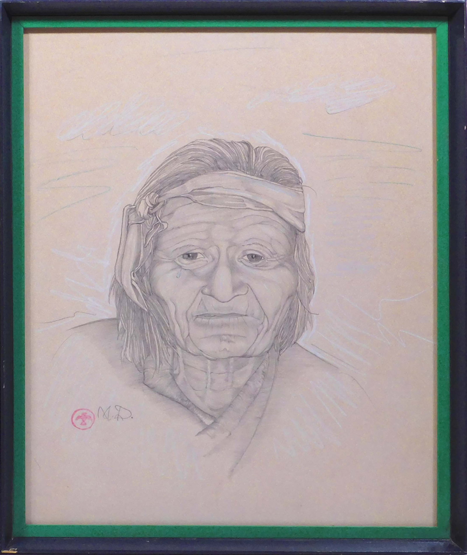 Maynard Dixon, Manner of/ Attributed: Portrait of an Elder: Maynard Dixon, Manner of/ Attributed (American, 1875-1946): Portrait of an Elder. Pencil and pastel on paper, signed in pencil, stamped next to signature, framed under museum glass. Born in Fresno, Ca