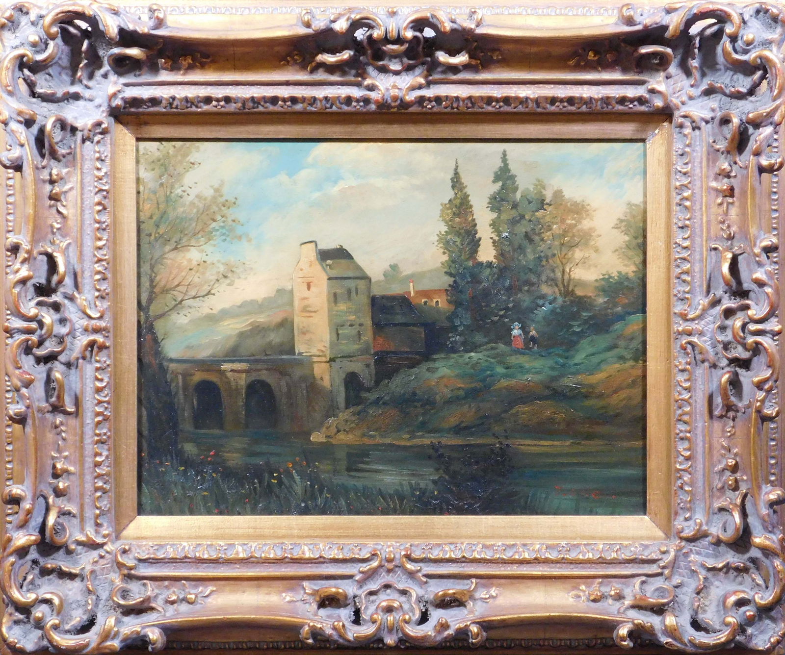 Thomas Cole, Manner of: Landscape with Village: Thomas Cole (British/American, 1801-1848) Manner of: Landscape with Village. Oil on canvas, signed lower right, in an ornate frame. 20 x 23 3/4 inches (frame); 11 1/2 x 15 1/2 inches (sight) Collectio