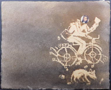 Francisco Toledo: Benito Juarez con bicicleta: Francisco Toledo (Mexican, 1940-2019): Benito Juarez con bicicleta, 2005. Mixed media on handmade paper. Artist's label verso. This book cover is a handmade creation by Toledo, crafted around 2005 as