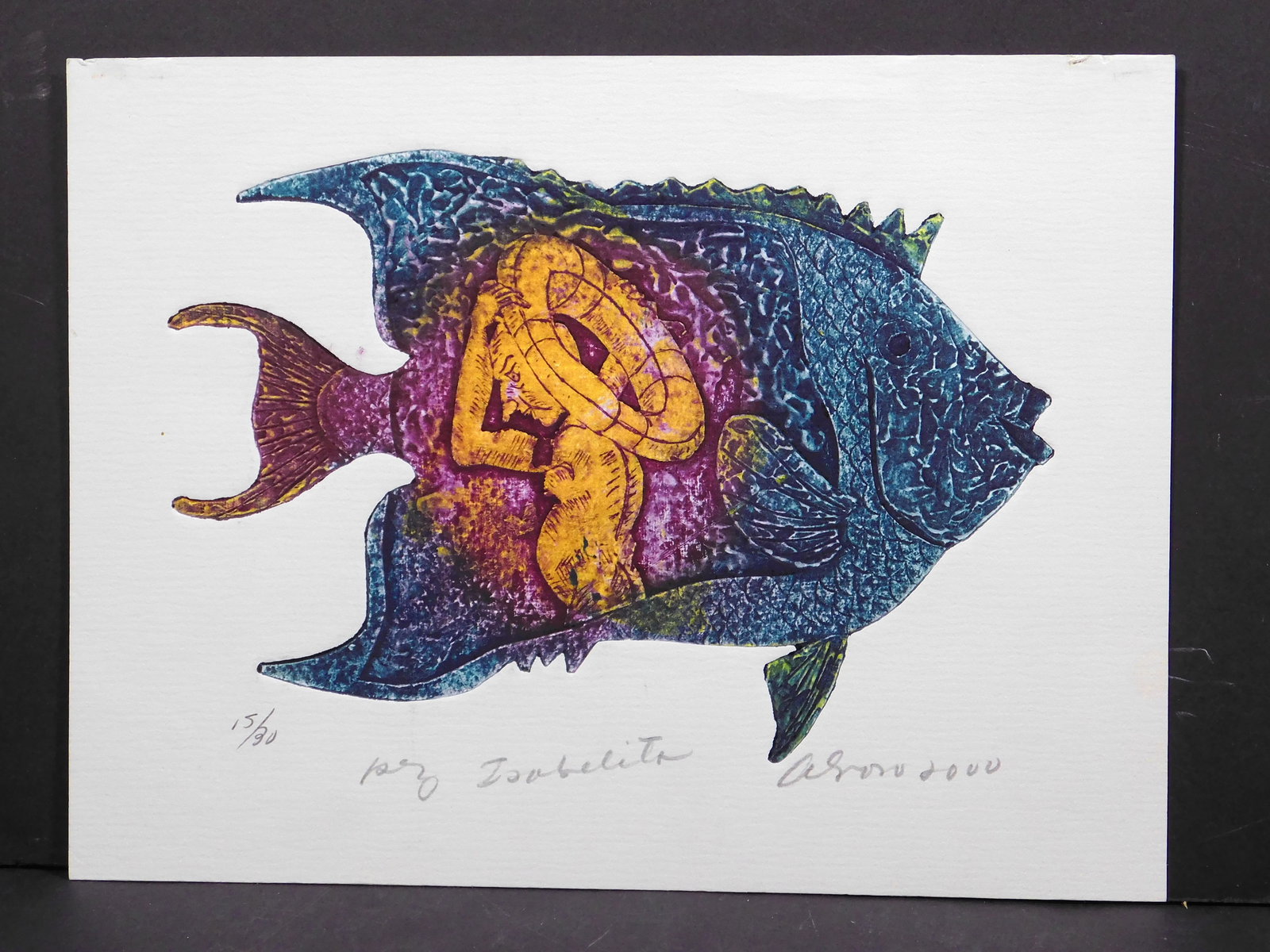 John Asaro: Angel Fish: John Asaro (American, b. 1937): Angel Fish. Limited edition intaglio etching on cold pressed paper, signed and numbered (15/30) in pencil below, inscribed "Par Isbelita." John Asaro is known for his c