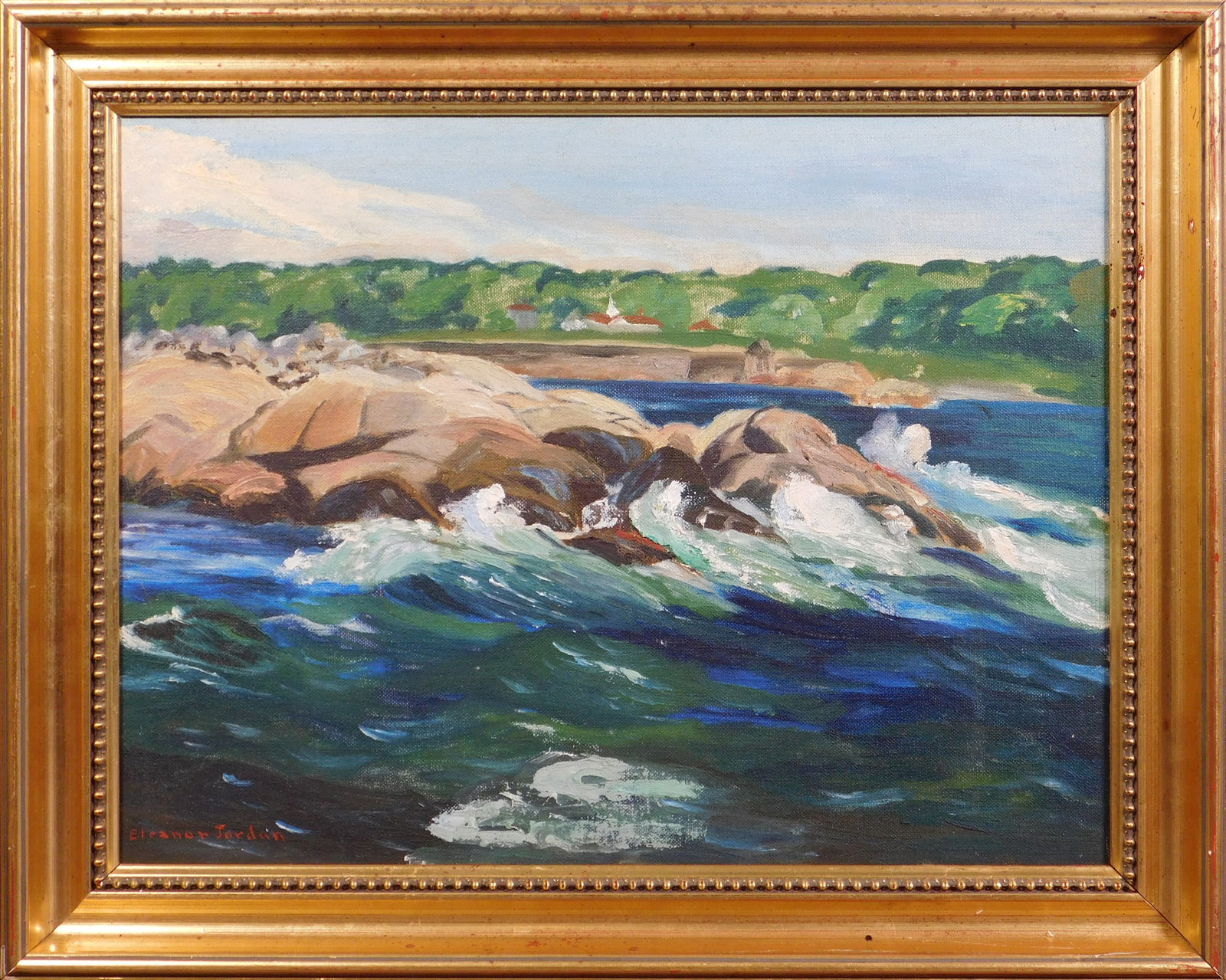 Elenore True Jordan: Malletts Bay: Elenore True Jordan (American 20th century): Malletts (Mallets Bay, Vermont?) ca 1954. Oil sketch on canvas board, signed below, framed. 15 x 19 inches framed; 12 x 6 inches canvas board. Acquired fro