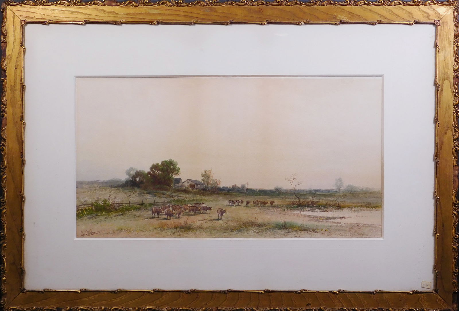 Carl Weber: Pastoral with Cows: Carl Weber (American, 1855-1925): Pastoral with Cows. Watercolor on cold pressed paper, set in antique frame. Weber was the American-born son of the German artist Gottlieb Daniel Paul Weber. Much of h