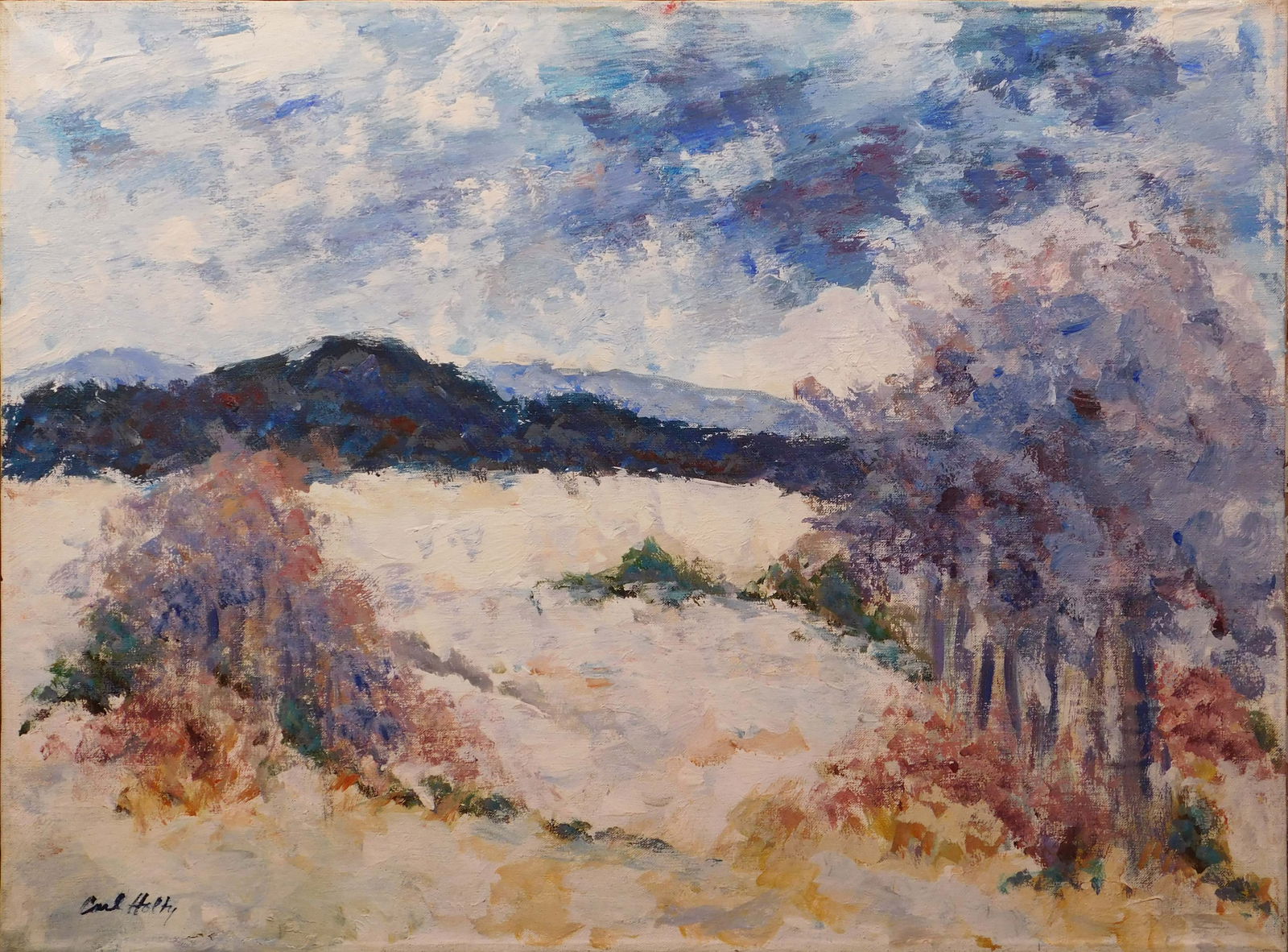 Carl Robert Holty, Attributed: Impressionist Winter Landscape: Carl Robert Holty (German/ American, 1900 - 1973) Attributed: Impressionist Winter Landscape. Oil on canvas, signed below and verso, unframed, set on a new stretcher bar, possible early work. 18 x 24