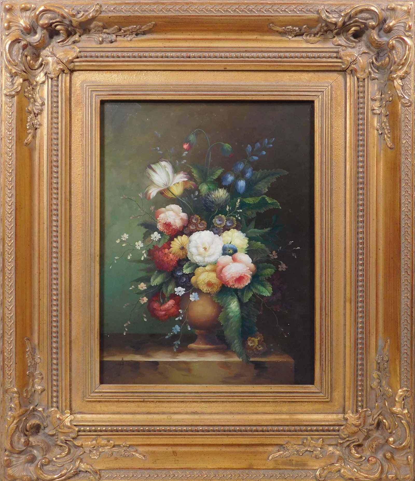 Dutch Master Style Floral Still Life: Dutch Master Style Floral Still Life, 20th Century. Oil on wood panel, partial initial lower left, framed. Verso shows possible inventory numbers in chalk. A distinctive style termed pronkstilleven, m
