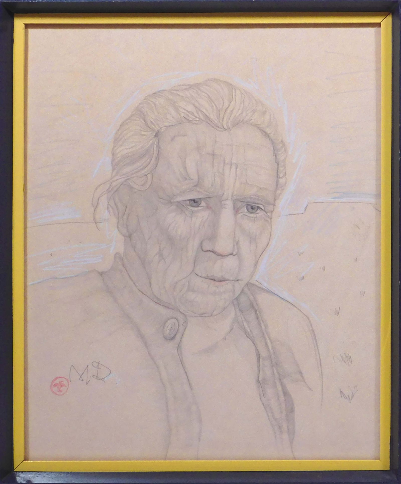Maynard Dixon, Manner of/ Attributed: Portrait of an Elder: Maynard Dixon, Manner of/ Attributed (American, 1875-1946): Portrait of an Elder. Pencil and pastel on paper, signed in pencil, stamped next to signature, framed under museum glass. Born in Fresno, Ca