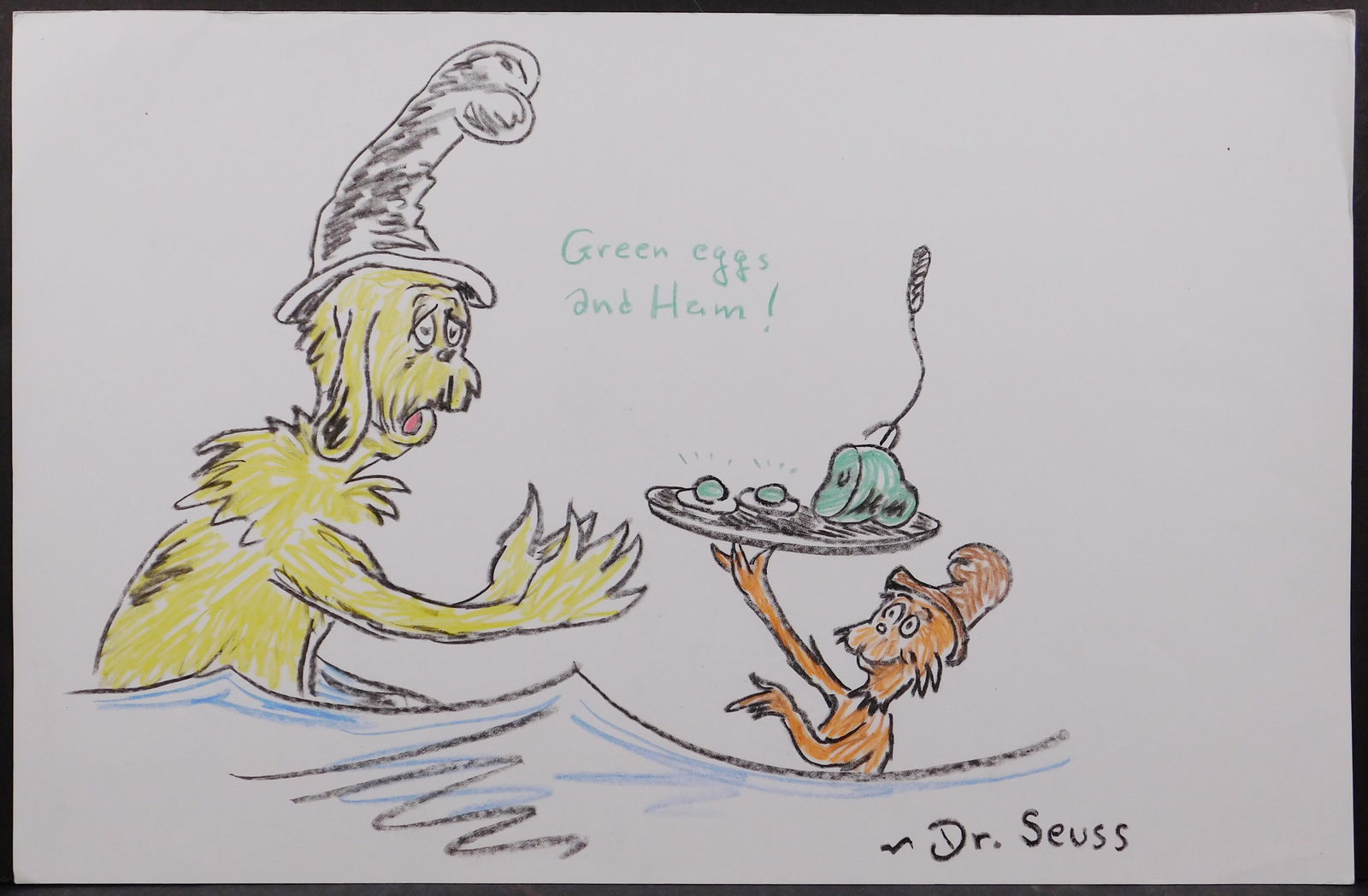 Dr. Seuss Attributed: Green Eggs and Ham: Dr. Seuss (American, 1904-1991) Attributed: Green Eggs and Ham. Crayon on heavy paper, signed in crayon lower right, unframed. Theodor Seuss Geisel was an American author, political cartoonist, poet,