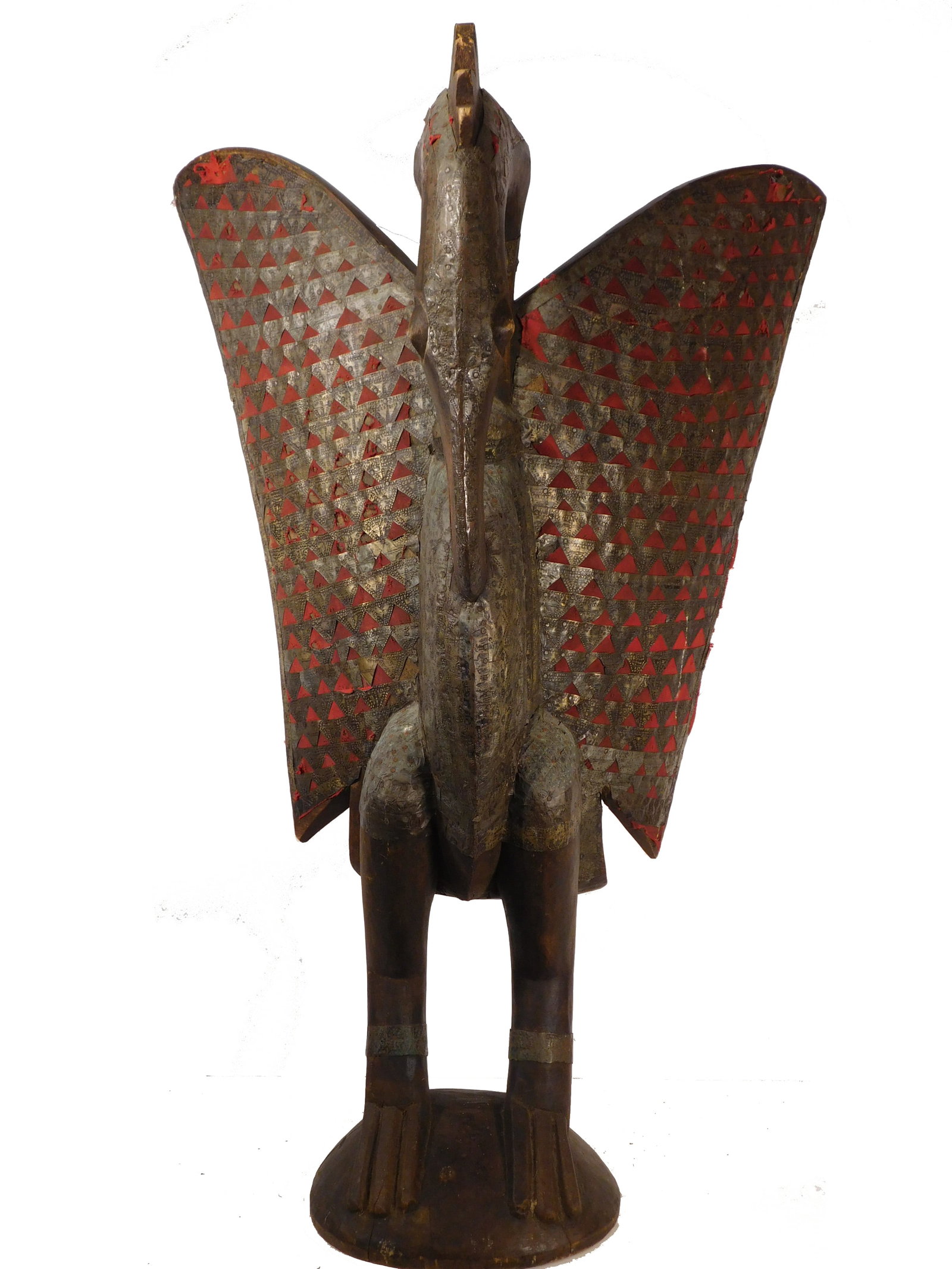 Hornbill With Brass & Cloth, Senufo People, Ivory Coast: African Tribal Art: Senufo People, Ivory Coast: Hornbill With Brass & Cloth. Hand-carved from a solid piece of wood and decorated with red fabric under a chased and embossed brass metal overlay. Mid 2