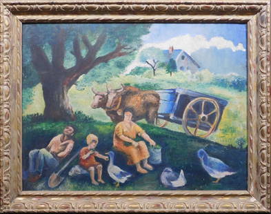 Stanley W: Rustic Life, 1937, American Folk Art: Stanley W (American, 20th Century): Rustic Life, 1937, American Folk Art. Oil on canvas board, signed, titled, and dated (January 5, 1937) in pencil verso, framed. 21.5 x 28 inches frame; 18 x 23.5 in