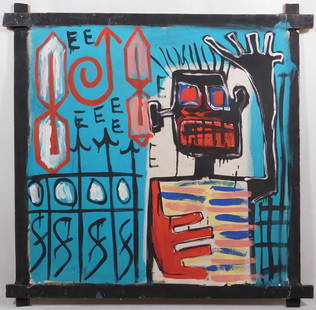 Jean-Michel Basquiat, Manner of: EEE: Jean-Michel Basquiat (American, 1960-1988): EEE, 1982. Mixed media on canvas laid on cross stretchers, protruding outside the canvas, unframed. Signed and dated with decorative stamp and label verso.