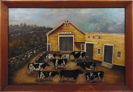 American Folk Art: Elm Farm: American Folk Art: Elm Farm, Late 19th Century. Oil on canvas, unsigned, framed. In the front is the farmer's Holstein herd with his prized bull right in the front. There also are four Milk Cows one w