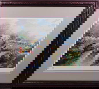 Thomas Kinkade : Blossom Lane 1: Thomas Kinkade (American, 1958-2012): Blossom Lane 1, 1995. Offset lithograph in color on premium paper. Signed with the artist's DA matrix signature authentication system and numbered. From the regul