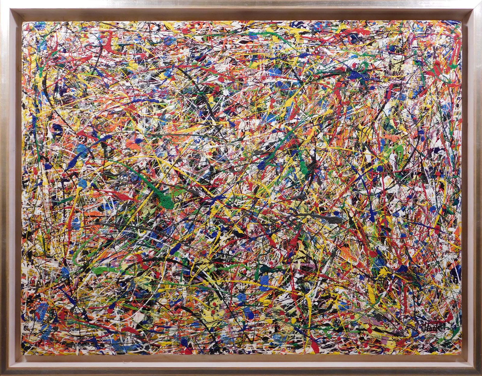 Jackson Pollock, Manner of : Abstract Composition: Manner of Jackson Pollock: Abstract Composition. Enamel on canvas, signed lower right, framed, import sticker verso. 26.5 x 34 inches framed; 3.5 x 31.5 inches canvas. Private collection, Boston, USA,