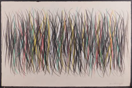Hans Hartung Manner of: Untitled (Abstract Composition with Vertical Lines): Hans Hartung (German, 1904 - 1989) Manner of: Untitled (Abstract Composition with Vertical Lines), 1960. Ink and oil crayon on laid paper, signed and dated lower right. Unframed. Hans Hartung painted