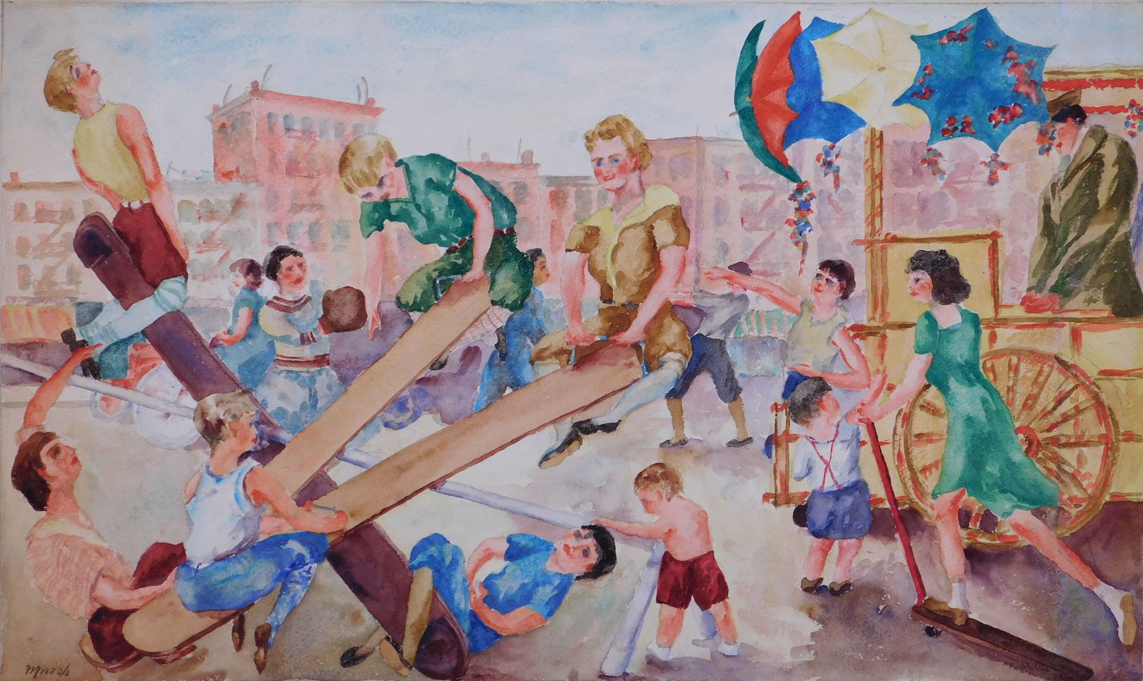 Reginald Marsh, Manner of: Playground: Reginald Marsh (American, 1898-1954) Manner of: Playground. Watercolor on cold pressed paper mounted to paper, signed in pencil lower left, unframed. An urban realist painter of New York City genre, R