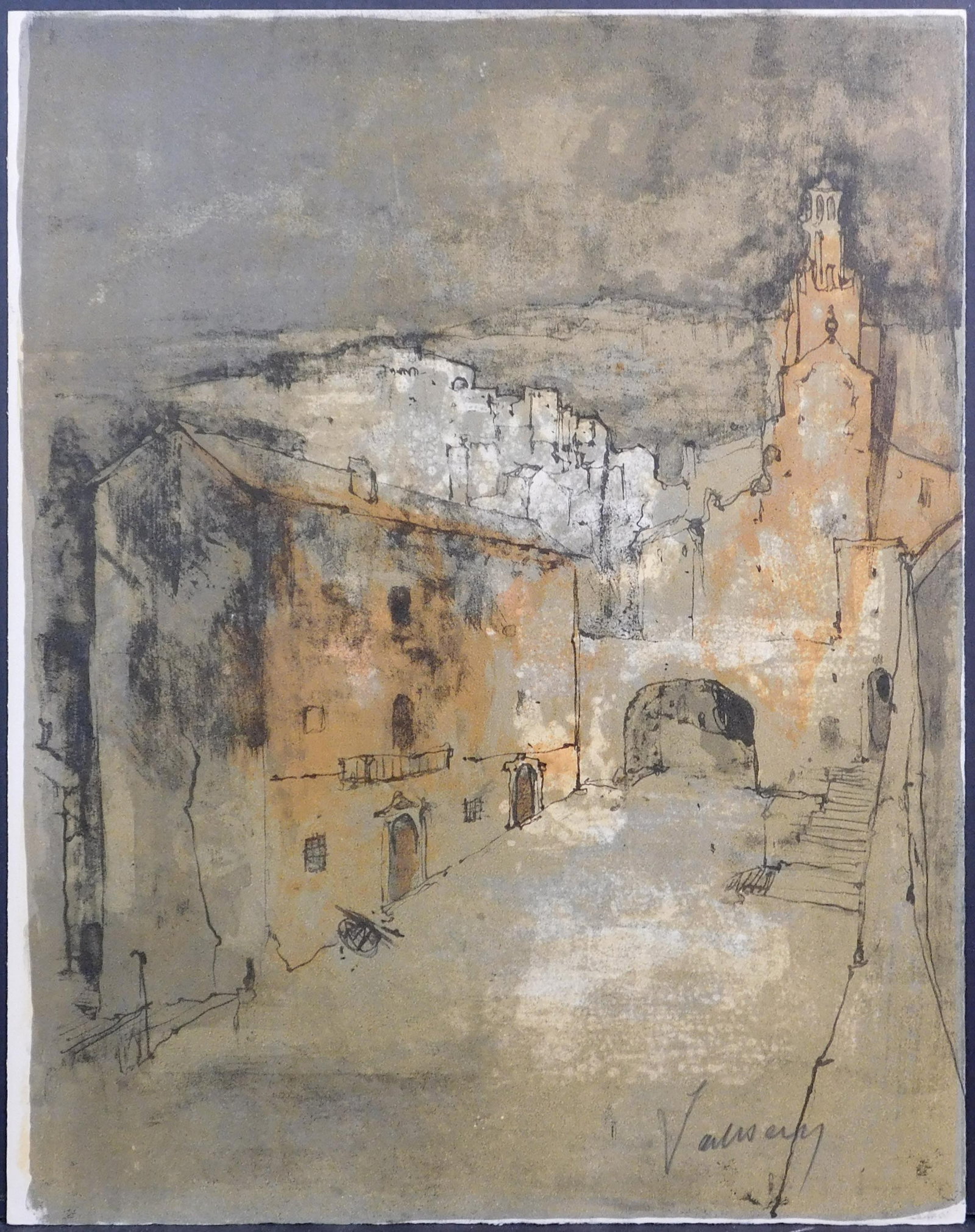Spanish Street a Scene from Rinconete and Cortadillo: Spanish Street a Scene from Rinconete and Cortadillo: Lithograph on paper, signed illegibly in graphite lower right, verso shows text from the short story Rinconete and Cortadillo by Miguel de Cervant
