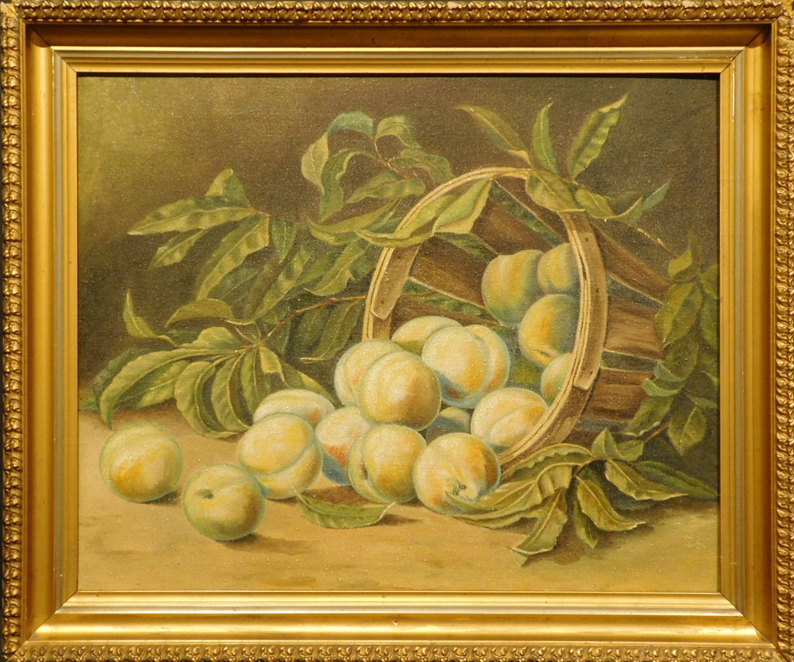 American School Still Life with Peaches: Still Life with Peaches, 20th Century, oil on canvas, unsigned. Framed. Very good condition. Dimensions: 17 x 20.75 inches canvas/ 21 x 24.5 inches framed. 17 x 20.75 inches canvas/ 21 x 24.5 inches f