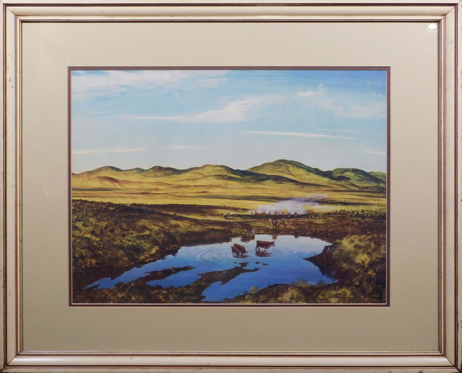 Peter Hurd: The Waterhole: Peter Hurd (American, 1904 - 1984): The Waterhole. Gelatine print on paper, signed in plate, framed. Produced by Associated American Artists. A regionalist painter known for his landscape, figure and