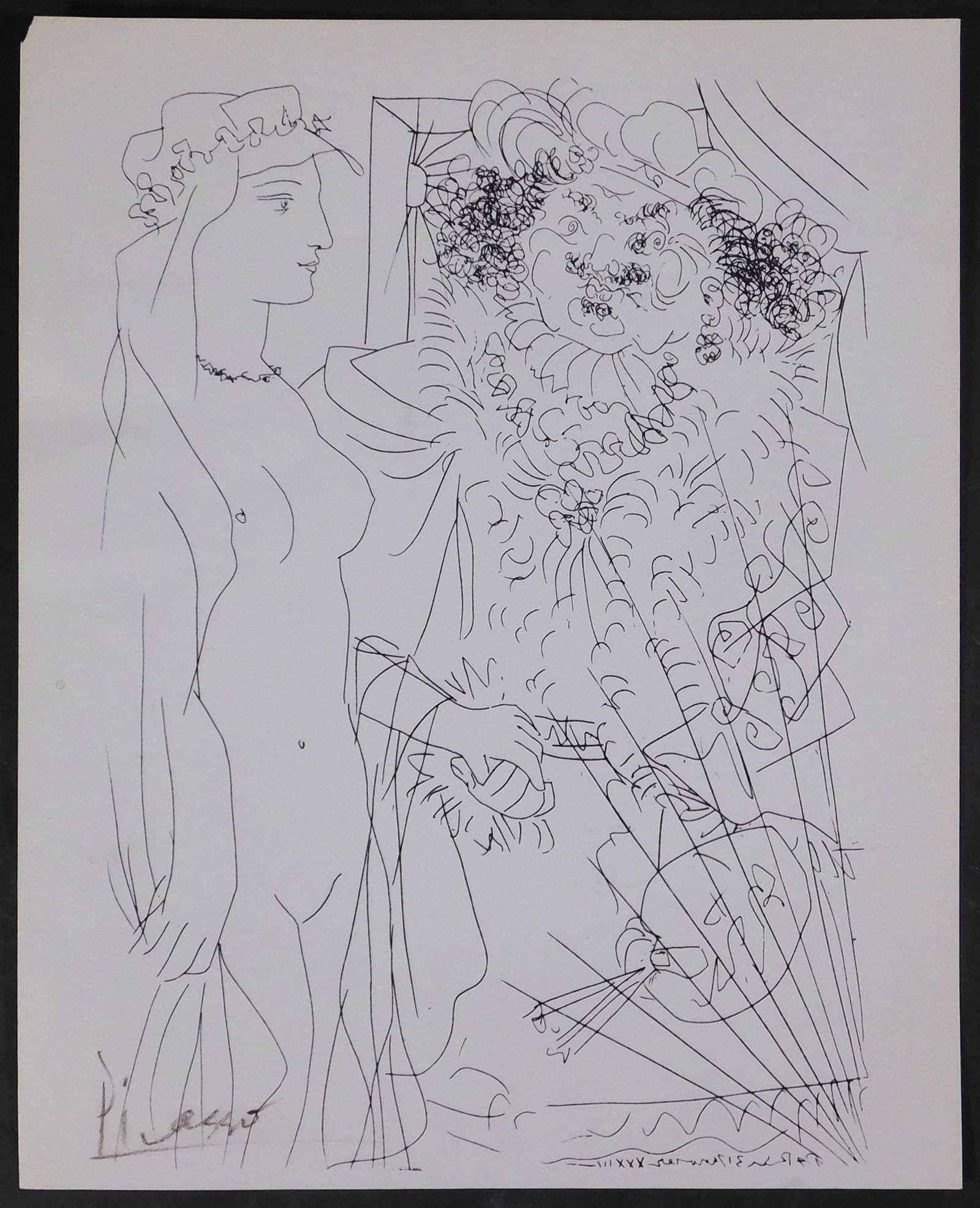 Style of Pablo Picasso: Nude and Self-portrait of Rembrandt/ Young woman and Self-portrait of: Style of Pablo Picasso (Spanish, 1881-1973): Nude and Self-portrait of Rembrandt/ Young woman and Self-portrait of Rembrandt. Double sided helio-lithograph, signed in crayon, unframed, limited edition