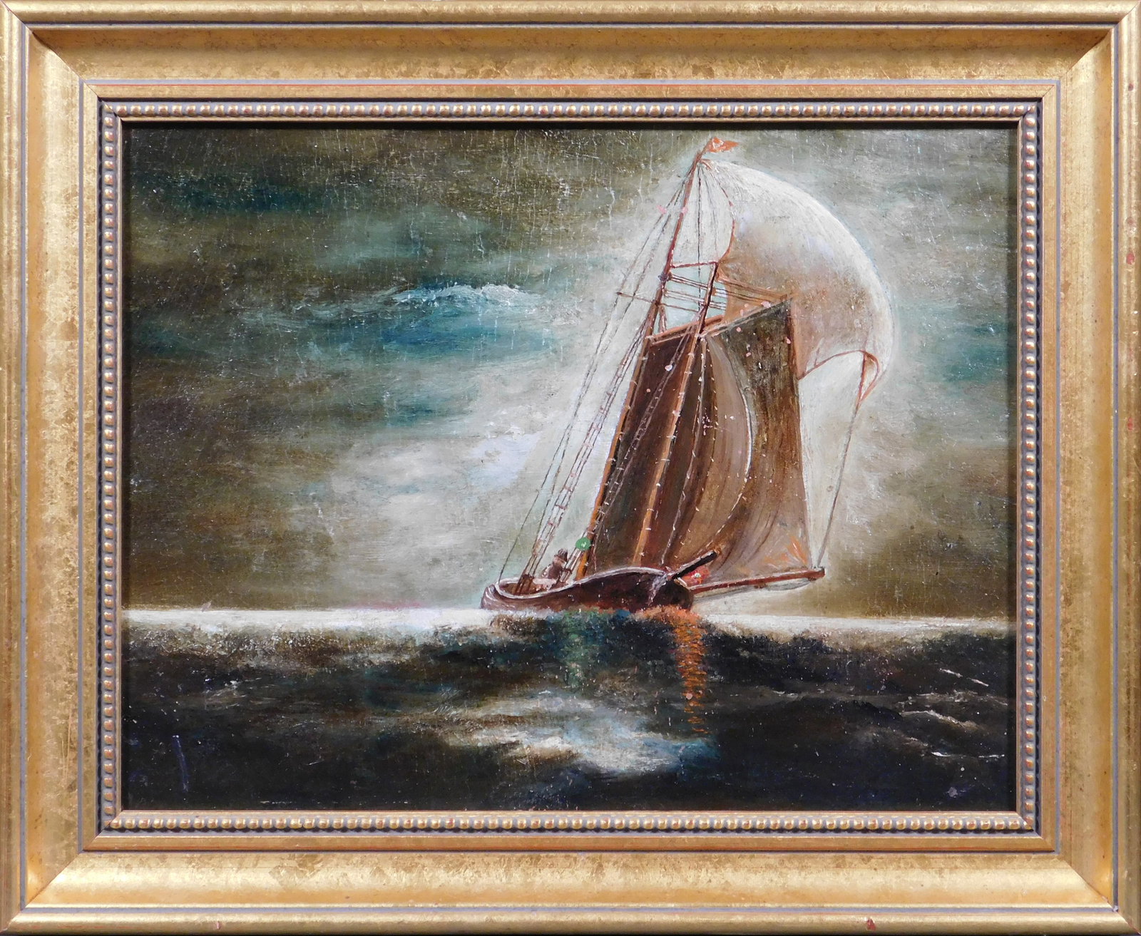 Tonalist Seascape with Sail Boat: Tonalist Seascape with Sail Boat, Early 20th Century. Oil on illustration board, framed. he artist has skillfully captured the essence of a peaceful and meditative atmosphere, with the soft, muted col