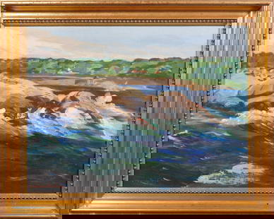 Elenore True Jordan: Malletts Bay: Elenore True Jordan (American 20th century): Malletts (Mallets Bay, Vermont?) ca 1954. Oil sketch on canvas board, signed below, framed. 15 x 19 inches framed; 12 x 6 inches canvas board. Acquired fro