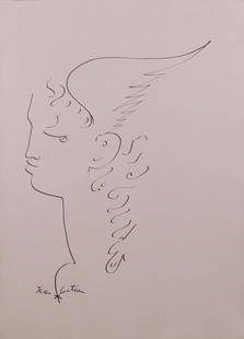Jean Cocteau, manner of: Mercury: Jean Cocteau (French, 1889-1963) manner of: Mercury. Pen and ink on paper, signed below, unframed. Cocteau was one of the most multi-talented artists of the 20th century. In addition to being a direct