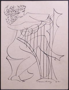 Man Ray, After: Harp Player: Man Ray (American, 1890-1976) After: Harp Player, ca 1942. Hand drawn ink on paper, signed and dated below, unframed. Although never formally associated with either movement, Man Ray was a significant