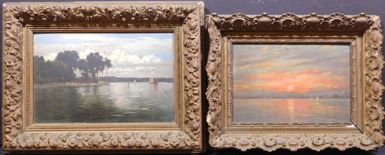 Pair of Tonalist Paintings of Charles River: Pair of Tonalist Paintings of Charles River, Massachusetts, 1812. Oil on academy board, one painting is signed, the other is titled and dated. Approximately 12 x 16 inches framed; 7.75 x 11.75 inches