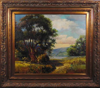 Country Landscape: Country Landscape, 20th Century. Oil on canvas, signed indistinctly lower right, framed. This stunning oil painting captures the beauty of a hilly landscape, with rolling green hills that stretch as f