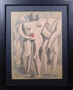 Ignacio Ortiz: Eva y Adan en la Conciencia: Ignacio Ortiz (Mexican, b. 1934) : Eva y Adan en la Conciencia, 1981. Pastel on carboard, signed and dated lower left, unframed. Ignacio Ortiz is a Mexican painter and teacher noted for his depictions