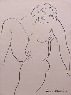 Henri Emile Benoit Matisse, Manner of: Femme Nue: Henri Emile Benoit Matisse (French, 1869-1954) Manner of: Femme Nue. Hand drawn pen and ink on paper, signed lower right, unframed. Matisse was known for both his use of colour and his fluid and origi