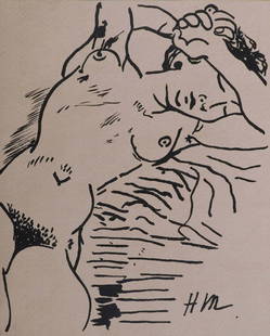 Henri Matisse Manner of: Reclining Nude: Henri Emile Benoit Matisse (French, 1869-1954) Manner of: Reclining Nude, ink on paper, initialed lower right, unframed. Matisse was known for both his use of colour and his fluid and original draught