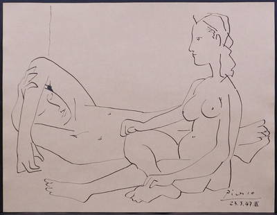 Style of Pablo Picasso:  Deux Femmes Nues: Style of Pablo Picasso: Deux Femmes Nues, 23.3.47II . Pen and Ink on paper, signed and dated, unframed. 28.2 x 36.6 cm; 11.25 x 14.5 inches. Private collection England, Estate of Silvio Aguayo Espejo