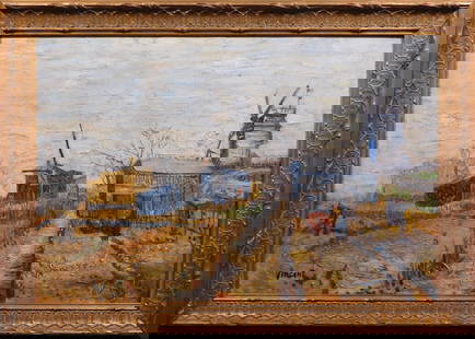 Vincent van Gogh, After : Montmartre, Windmills and Allotments: Vincent van Gogh (Dutch, 1853-1890) After : Montmartre, Windmills and Allotments. Oil on canvas, signed in another hand lower left. Verso shows decorative stamps. Professionally framed. In Paris, Van