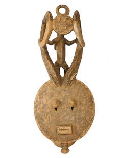 Kple-Kple Goli Mask w/Elaborate Horns, Baule, Ivory Coast: African Tribal Art: Baule people, Ivory Coast: Kple-Kple Goli mask with an elaborate display of horns and a miniature mask held aloft by a figure within the horns. Carved wood, early 20th century. Thi