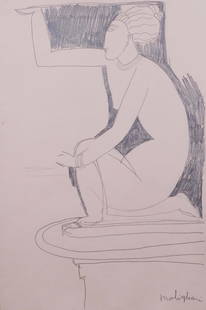 Amedeo Modigliani, Manner of: Crouching Caryatid: Amedeo Modigliani (Italian, 1884-1920) Manner of: Crouching Caryatid, ca 1910. Pencil on paper, signed lower right, unframed, decorative stamps and possible inventory number verso. Amedeo Modigliani w