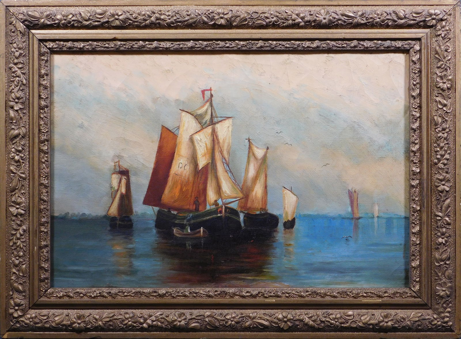 Sail Boats on a Placid Sea: Sail Boats on a Placid Sea: Oil on canvas, unsigned, late 19th Century; framed. 16.5 x 22.5 inches framed; 12 x 18 inches canvas. Private collection Boston, Ma, USA.
