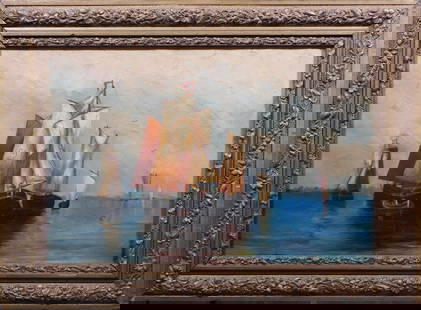 Sail Boats on a Placid Sea: Sail Boats on a Placid Sea: Oil on canvas, unsigned, late 19th Century; framed. 16.5 x 22.5 inches framed; 12 x 18 inches canvas. Private collection Boston, Ma, USA.