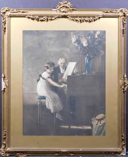 Jules Muenier: The Harpsichord Lesson: Jules Muenier (French, 1862-1942): The Harpsichord Lesson. Chromo-lithograph in an ornate frame, unsigned. 25.5 x 20 inches frame; 17.5 x 13.5 inches sight. Private collection, Madison, WI, USA.