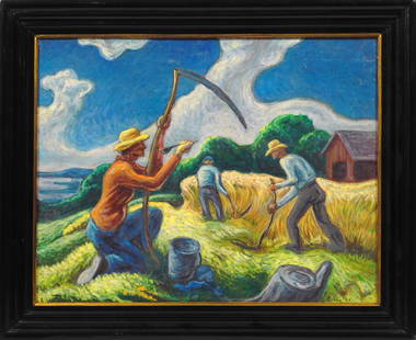 Thomas Hart Benton, Attributed/ Manner of: Island Hay: Thomas Hart Benton (1889-1975) Attributed/ Manner of: Island Hay, 1945. Oil on canvas, signed and dated lower right, framed. Possibly prepatory work for a future print. Thomas Hart Benton is one of th