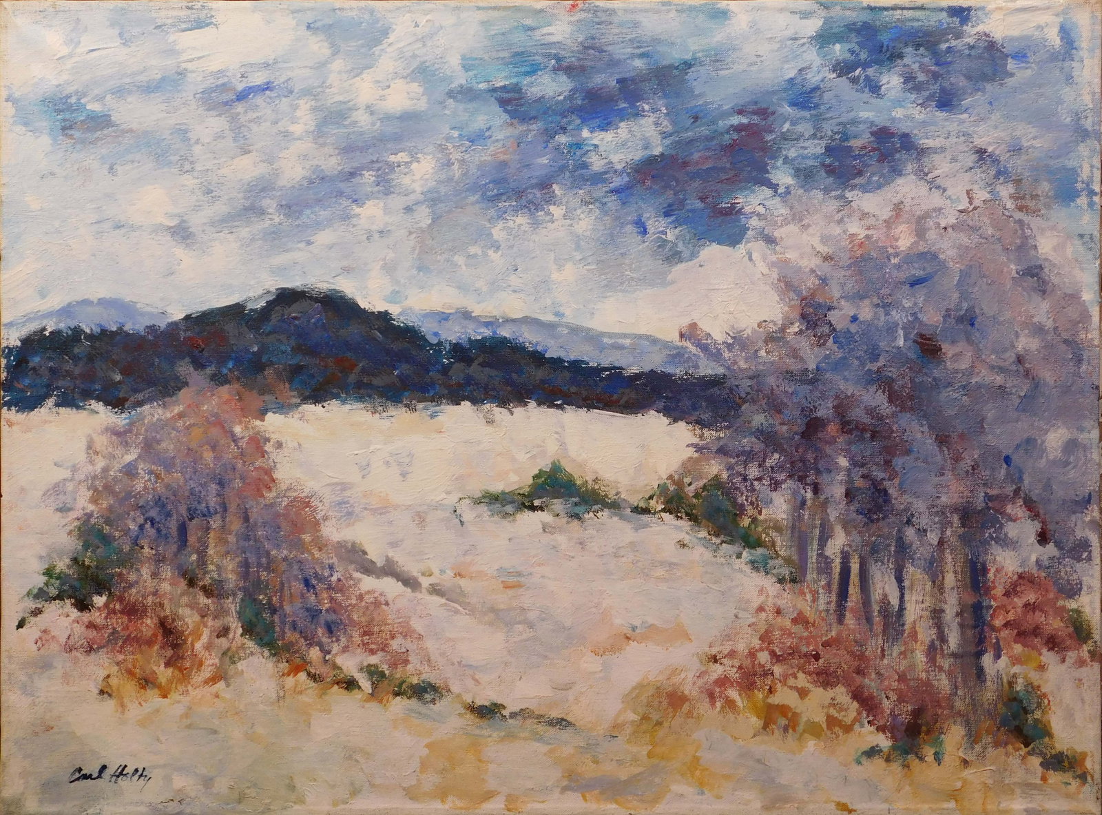 Carl Robert Holty, Attributed: Impressionist Winter Landscape: Carl Robert Holty (German/ American, 1900 - 1973) Attributed: Impressionist Winter Landscape. Oil on canvas, signed below and verso, unframed, set on a new stretcher bar, possible early work. 18 x 24