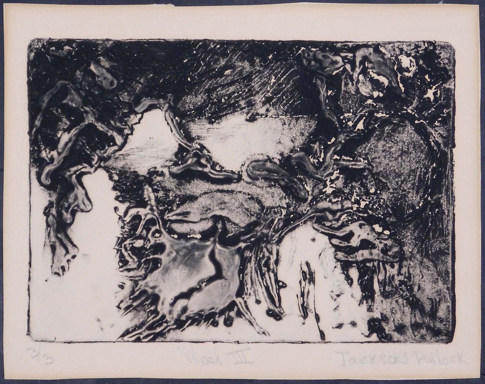 Style of Jackson Pollock : Mood III: Style of Jackson Pollock (American, 1912-1956): Mood III. Aquatint on paper, signed in another hand in pencil lower right, titled and numbered (3/3), unframed. Paul Jackson Pollock was an American pai