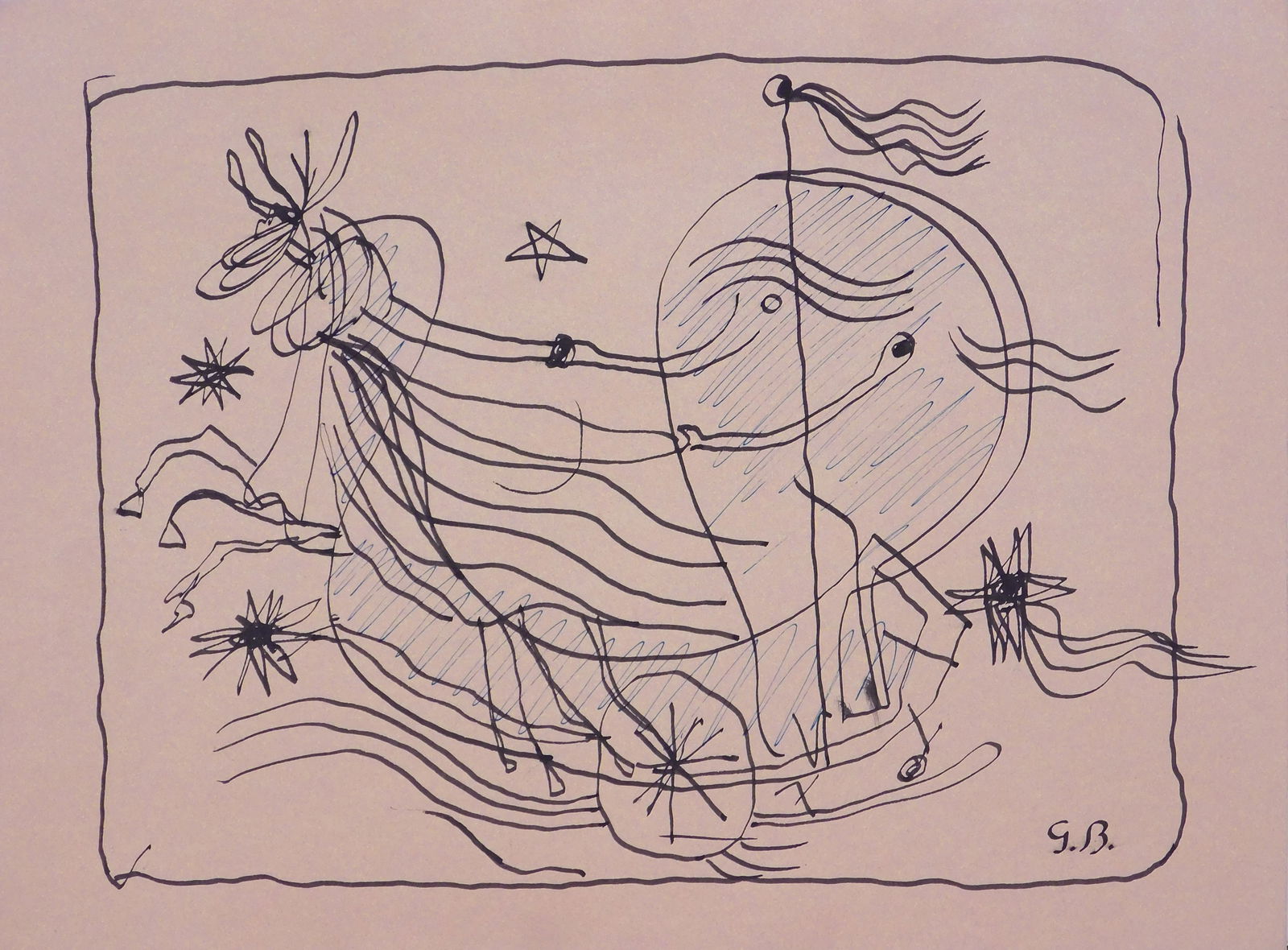 Georges Braque, Attributed/ Manner of: Guerrier monte Sur un Char: Georges Braque (French, 1882-1963) Attributed/ Manner of: Guerrier monte sur un char. Pen and ink on paper, initialed, unframed. Georges Braque was most well known for being the founder of Cubism alon