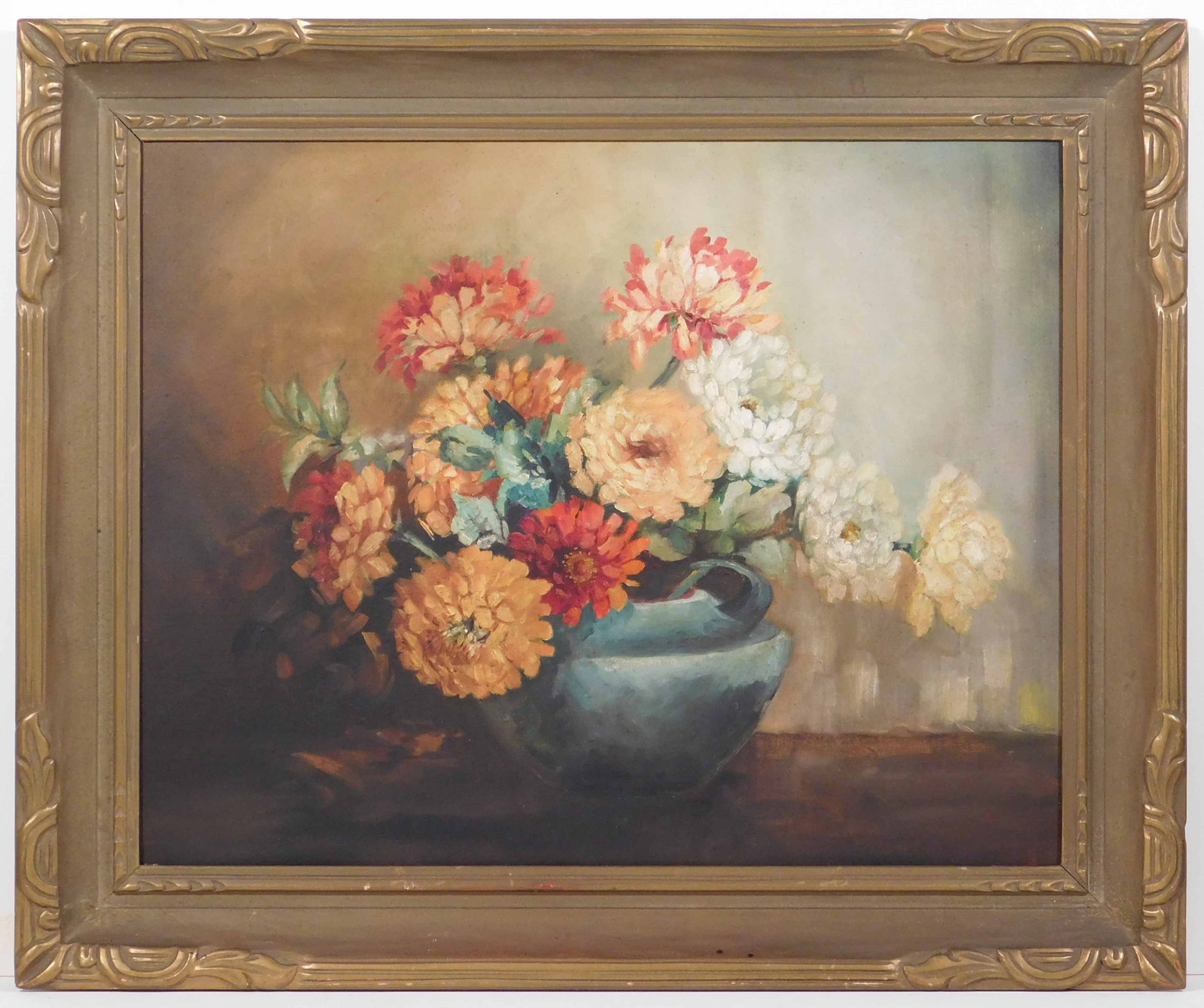 Floral Still Life: Floral Still Life. Oil on board in a hand carved frame with gallery plaque from Roberts Gallery, Toronto, Canada. 21 x 25 inches framed. Private collection England, Estate of Silvio Aguayo Espejo Vina