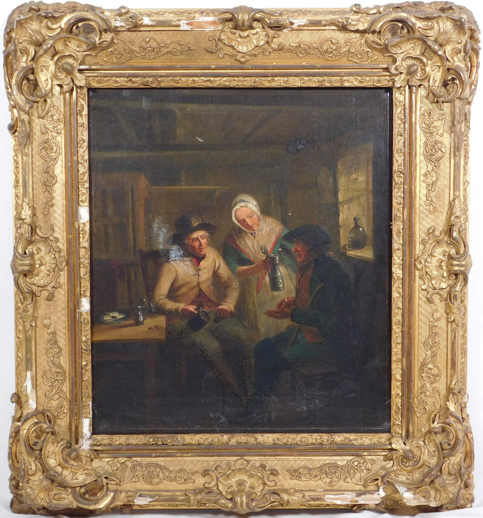 English School: Interior With Peasants: English School (Late 18th Century): Interior With Peasants. Oil on canvas set in an antique frame. 23 x 21 inches framed; 15 x 13.5 inches canvas. Private collection, New York.
