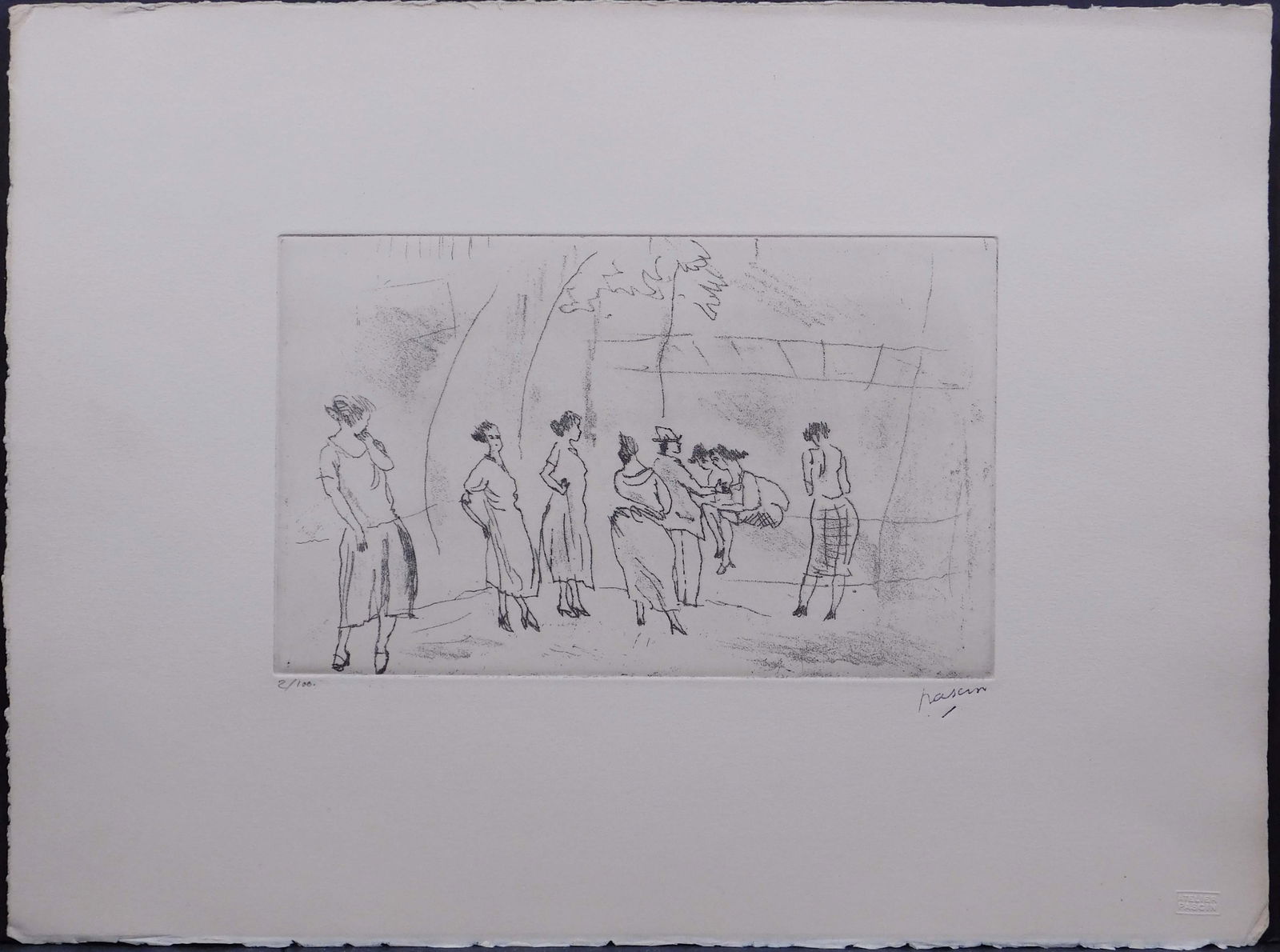 Jules Pascin: Dans un Square: Jules Pascin (Bulgarian/ American 1885-1930): Dans un Square, 1929. Limited edition Intaglio print on cream paper. Numbered 2/100 in pencil, signature is printed after the artist. The lower right corn