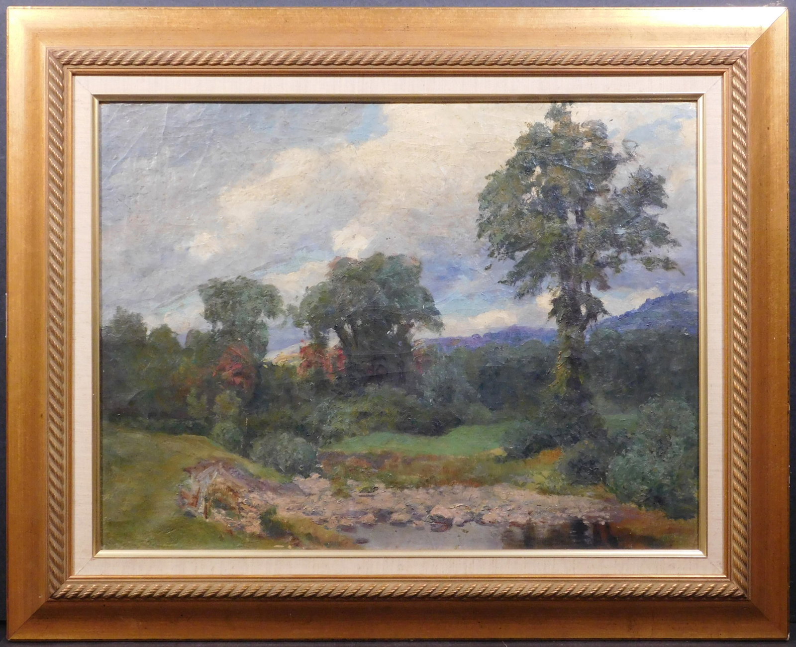Clifford Grear Alexander: Impressionist Massachusetts Landscape: Clifford Grear Alexander (American, 1870 - 1954) : Impressionist Massachusetts Landscape. Oil on canvas, unsigned, possible previous owner information (Trinity Court Building, Boston, Massachusetts) v