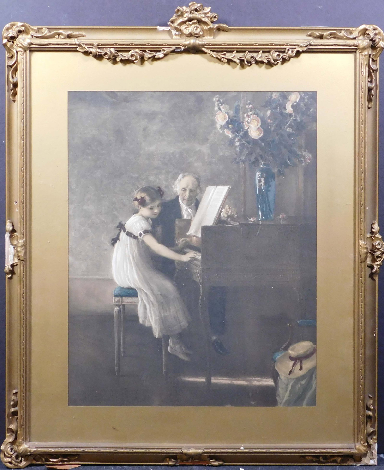 Jules Muenier: The Harpsichord Lesson: Jules Muenier (French, 1862-1942): The Harpsichord Lesson. Chromo-lithograph in an ornate frame, unsigned. 25.5 x 20 inches frame; 17.5 x 13.5 inches sight. Private collection, New England, USA.