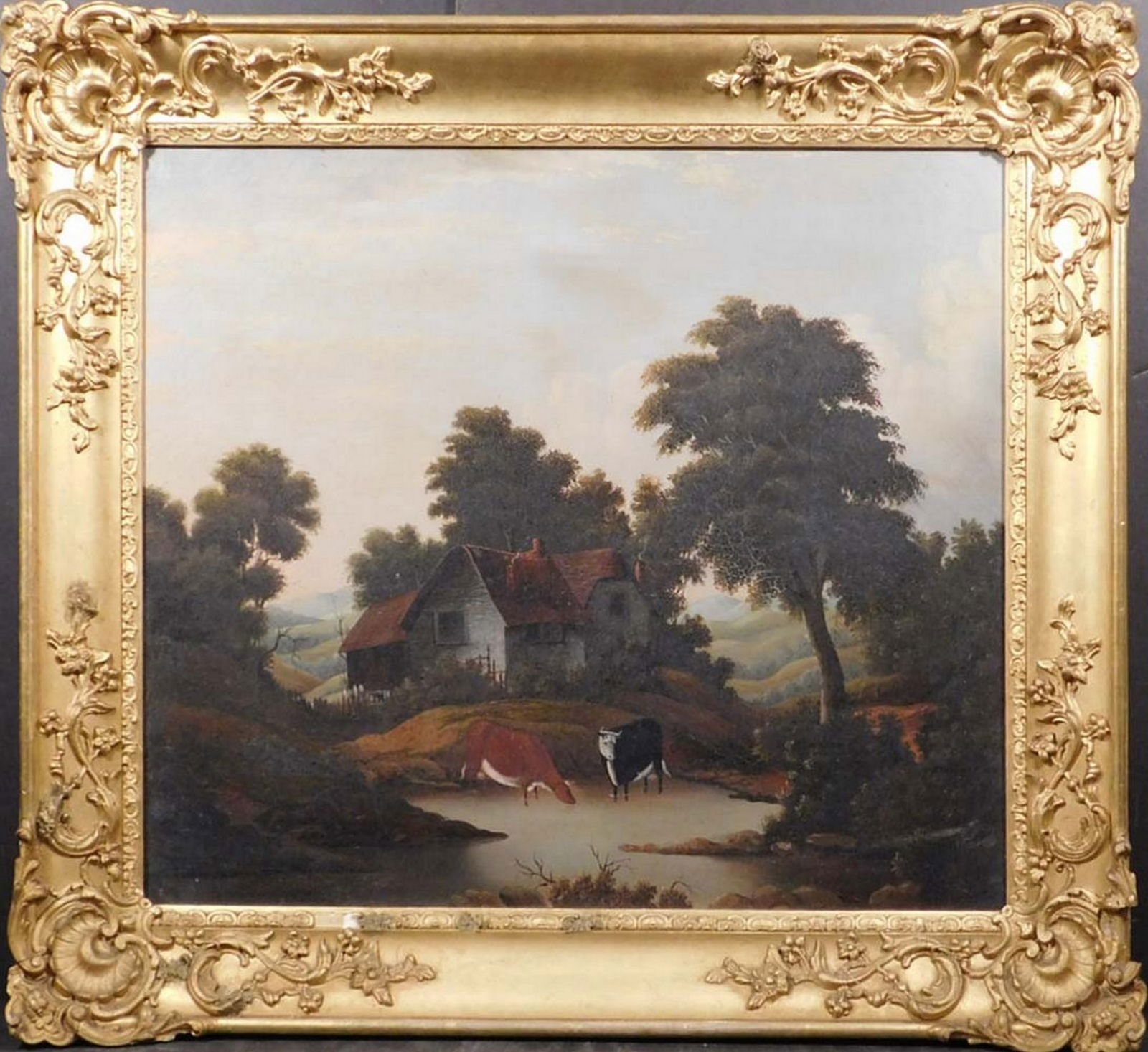Continental School: Cows By a Stream: Continental School: Cows By a Stream. Signed P.H. Edison, dated 1858, in Lincolnshire England on stretcher bars. The back of the frame is labeled by Boston framing company. 25 x 29 inches framed.
