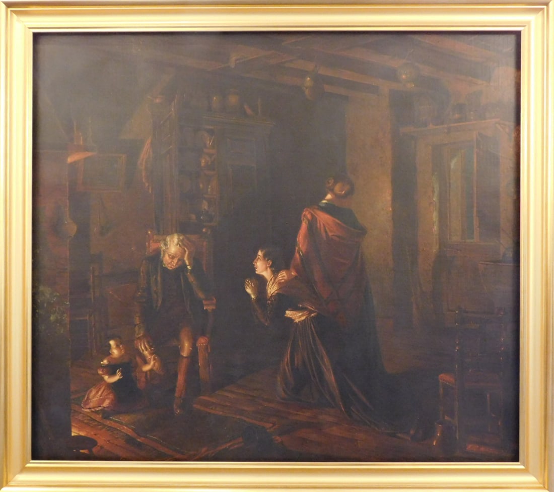 Contemporary of Eastman Johnson: The Upset Father: John Bernard Whittaker (Irish-American,1836-1926): The Upset Father. Oil on canvas, signed, framed. After being forced to leave school due to financial constraints at the age of twelve, John Bernard