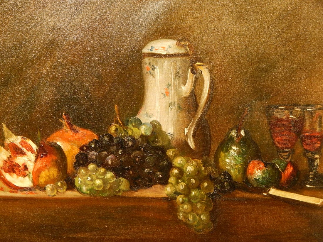 Mimi Blumenthal: Still Life with Fruit: Mimi Blumenthal (20th Century): Still Life with Fruit, 1963. Oil on canvas, unsigned, framed. 23.5 x 17.5 inches sight, 29 x 23 inches framed.